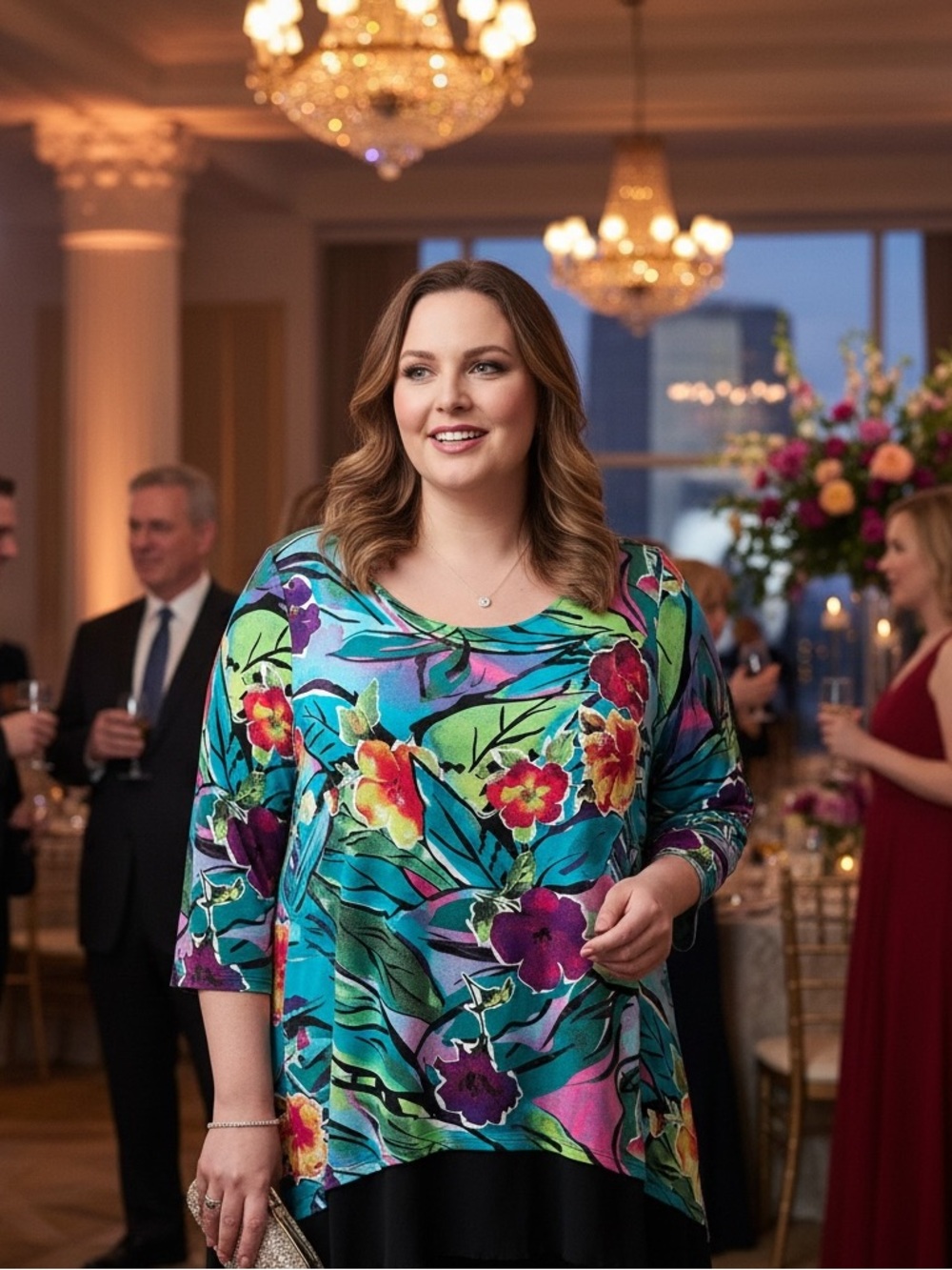 Cupio Teal Multi Floral Scoop Neck Tunic